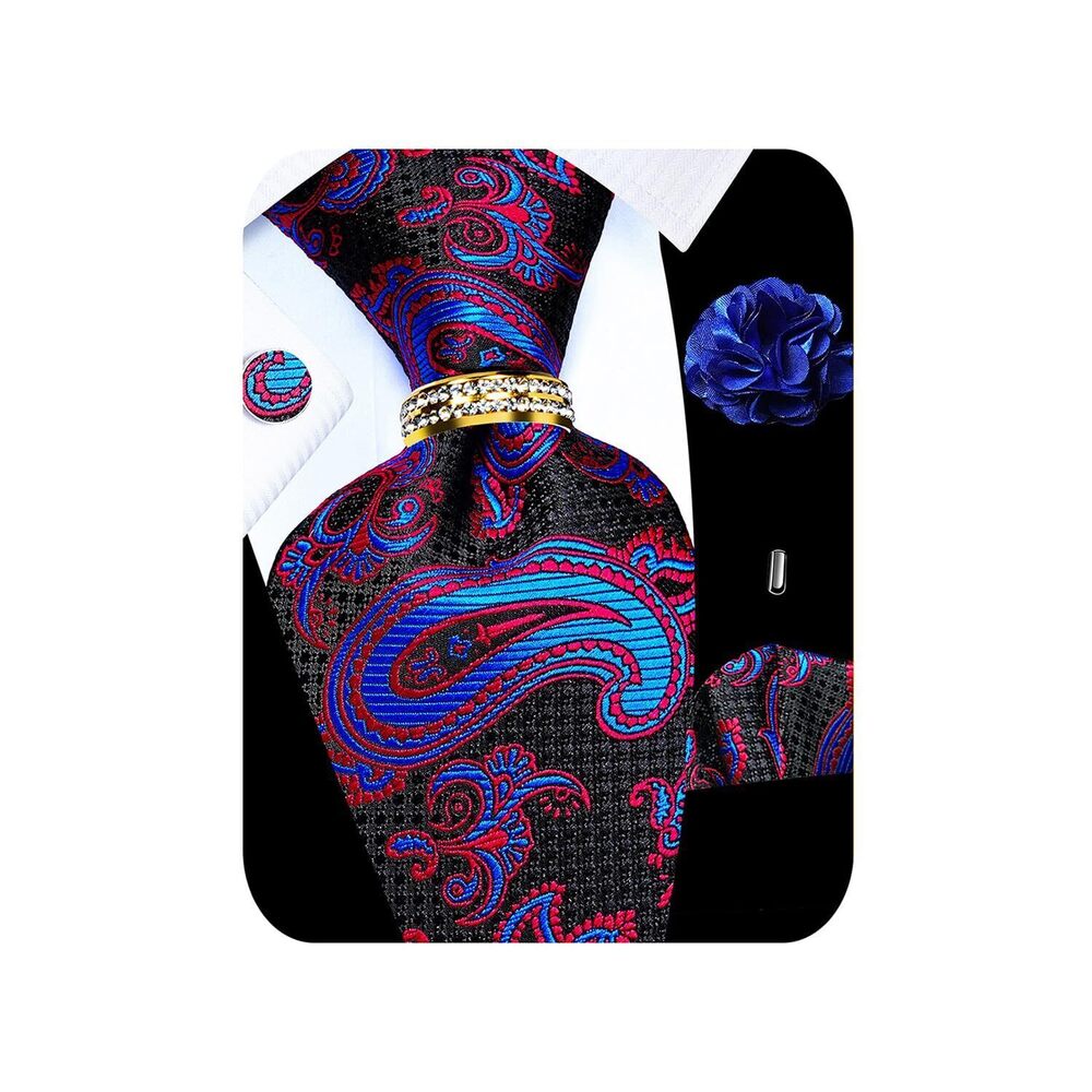2041 5PCS Red Blue Paisley Tie Pocket Square , Silk Necktie